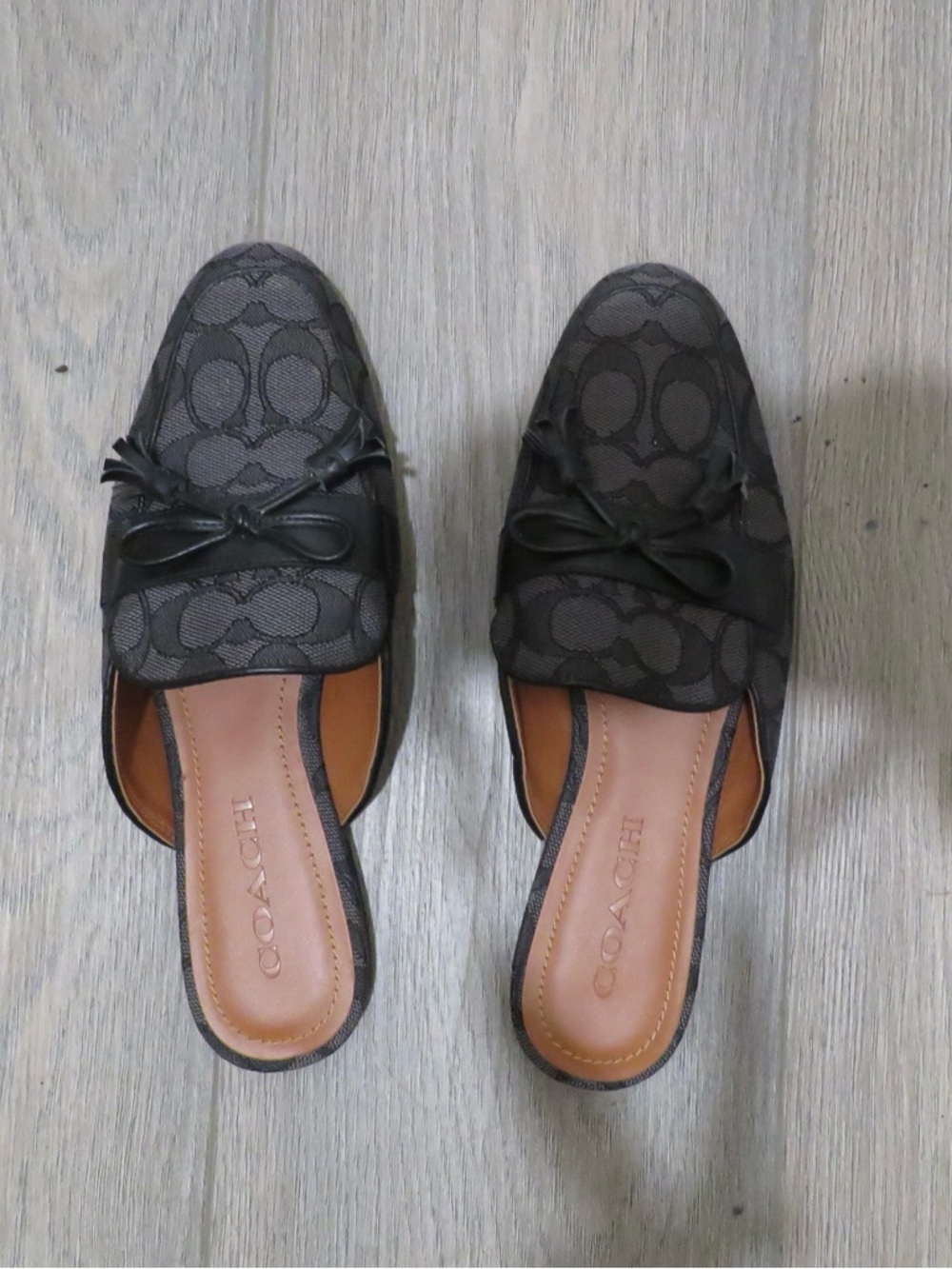 Coach Black/Charcoal Signature Canvas Bow Backless Loafers